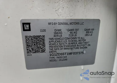 2021 Chevrolet Malibu Lt z USA, uszkodzony, nr VIN 1G1ZD5ST1MF037375